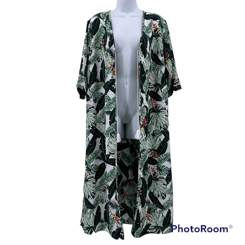 Rachel Zoe OS Green Tropical Palm Open Front Kimono Kaftkan - Picture 1 of 7